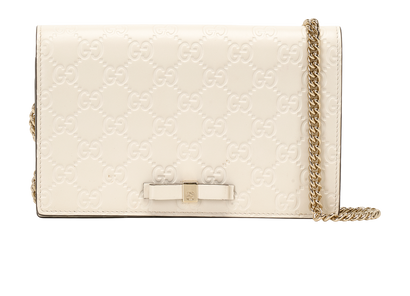 Mini Bow Signature Wallet On Chain, &pound;390, Handbags, Gold/White, Leather, Front view